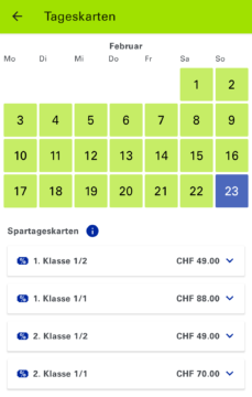 1. Klasse Spartagskarte ist gleich teuer wie die 2. Klasse Spartageskarte.