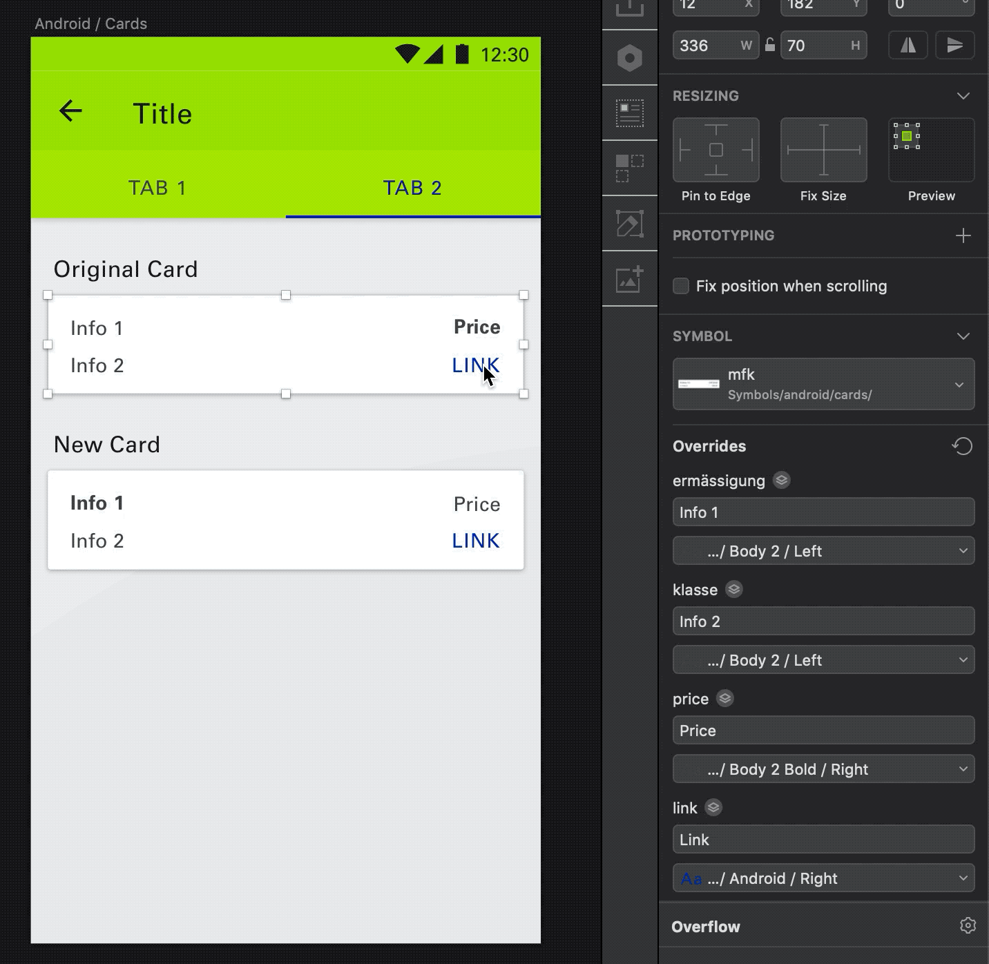 Using text style overrides on a symbol.