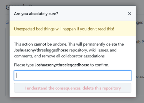 Github Bestätigungsdialog mit Eingabefeld zum Löschen eines Repositorys.