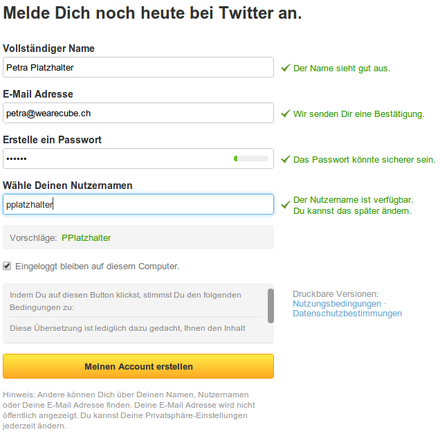 Screenshot der Twitter Registration